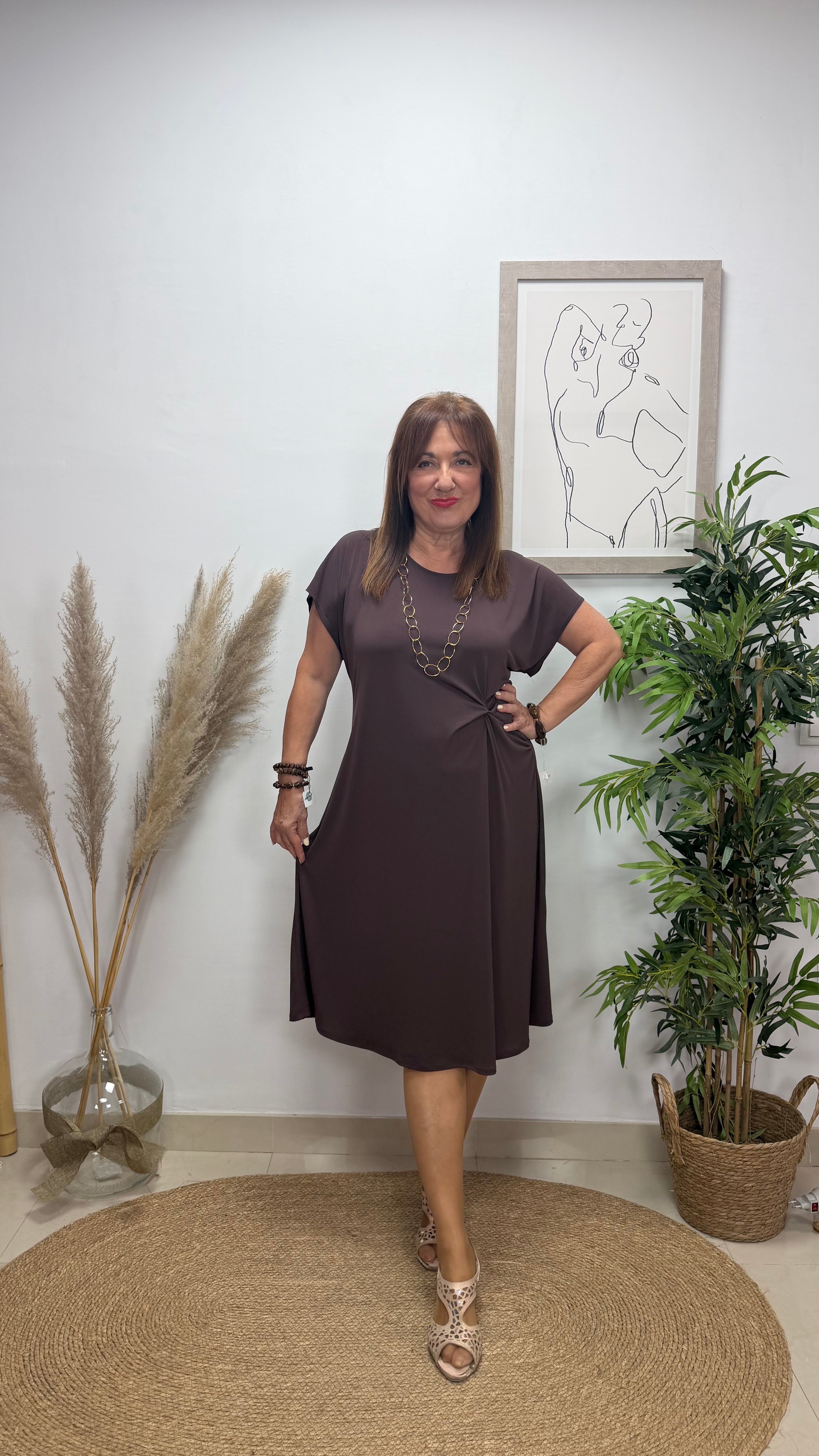 Vestido Nudo Liso Marrón