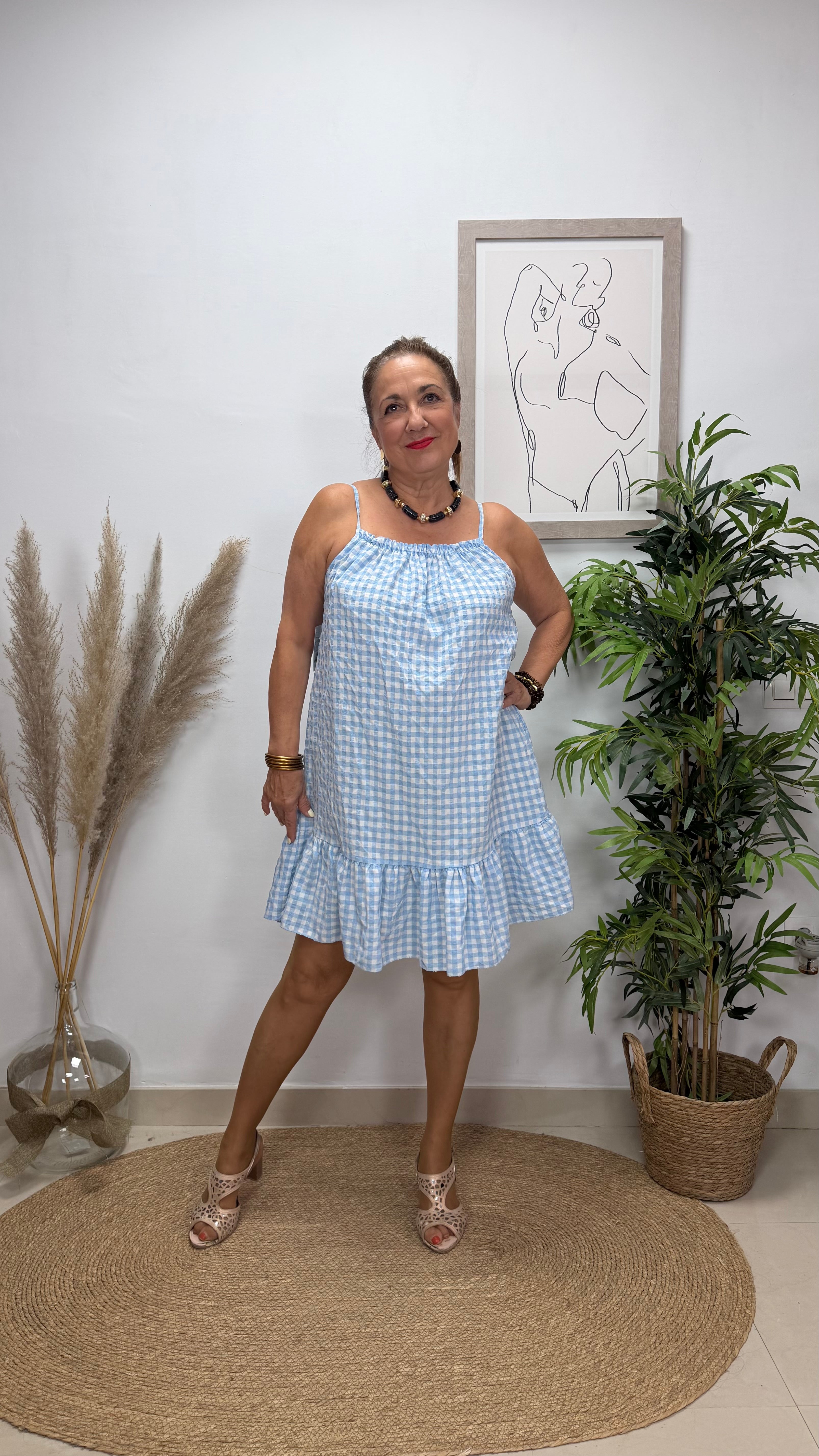 Vestido Corto Vichy Celeste