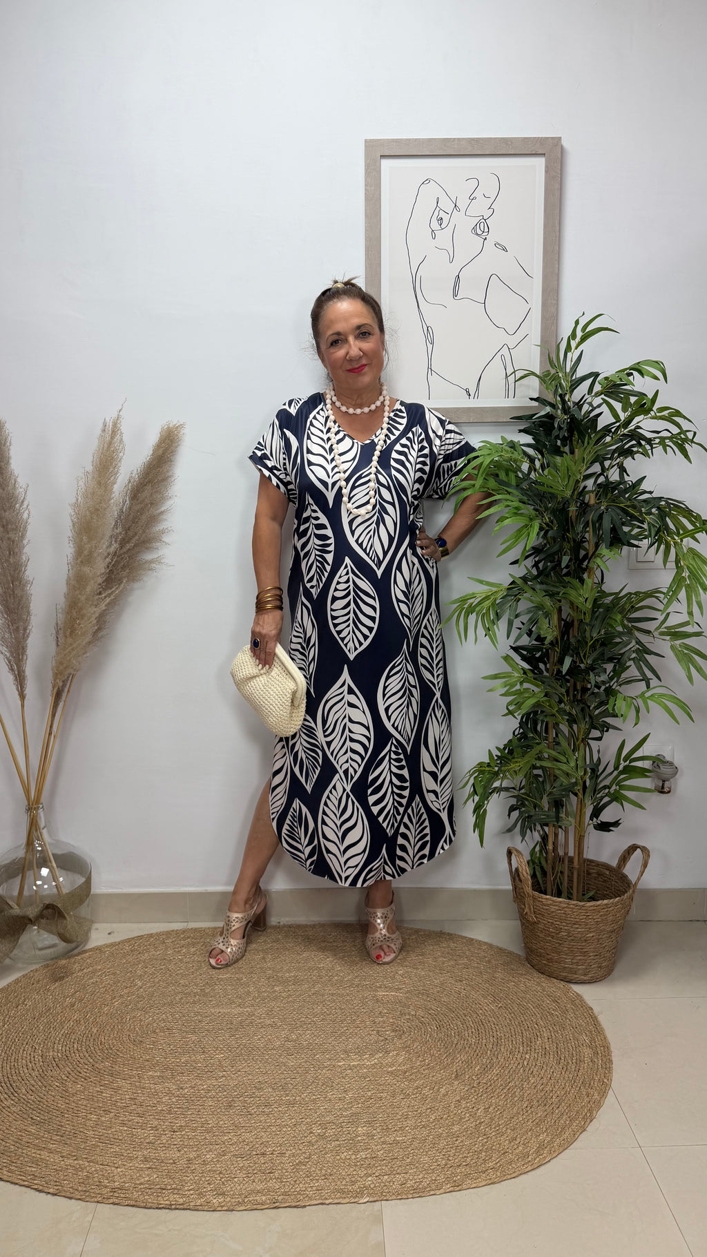 Vestido Hojas Manga Azul