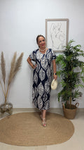 Vestido Hojas Manga Azul