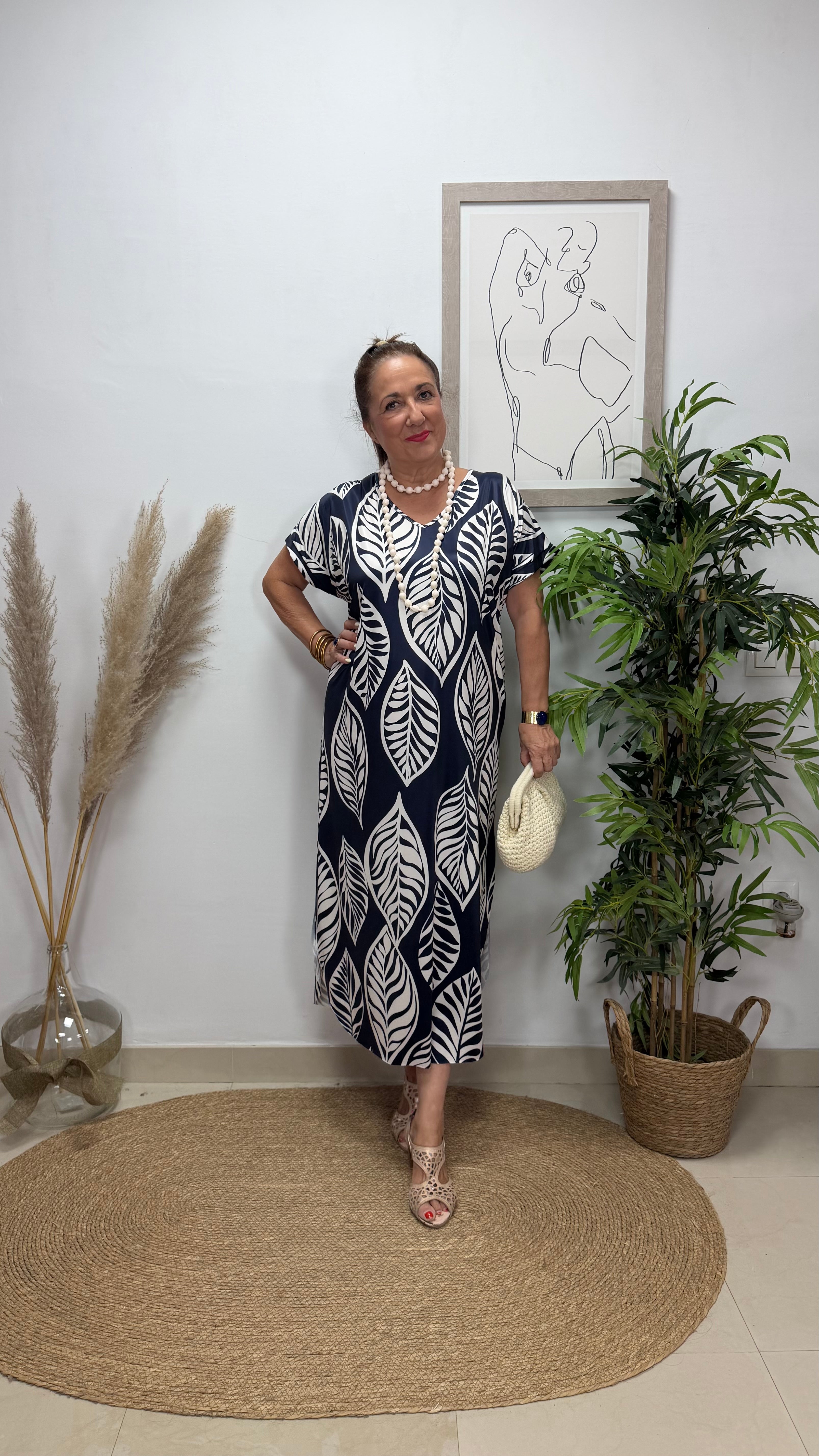 Vestido Hojas Manga Azul