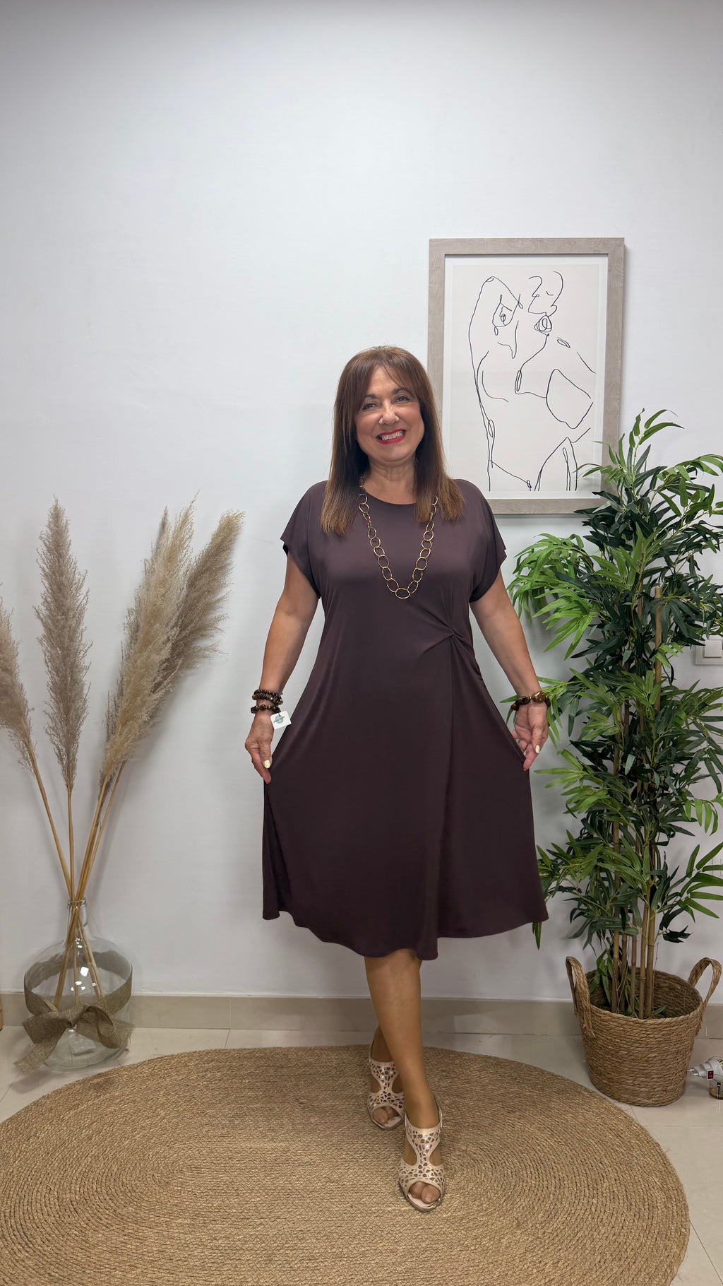 Vestido Nudo Liso Marrón