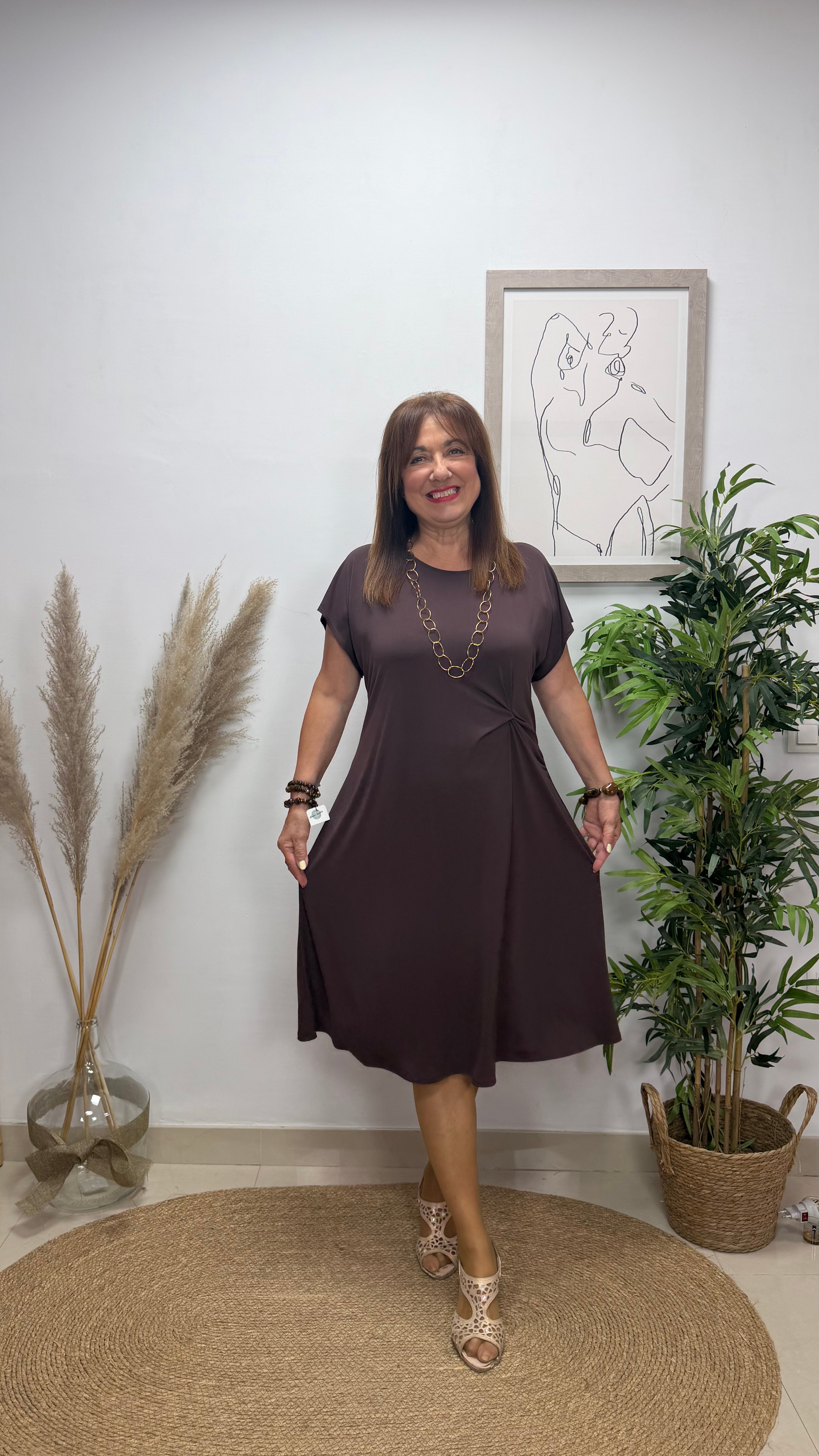 Vestido Nudo Liso Marrón