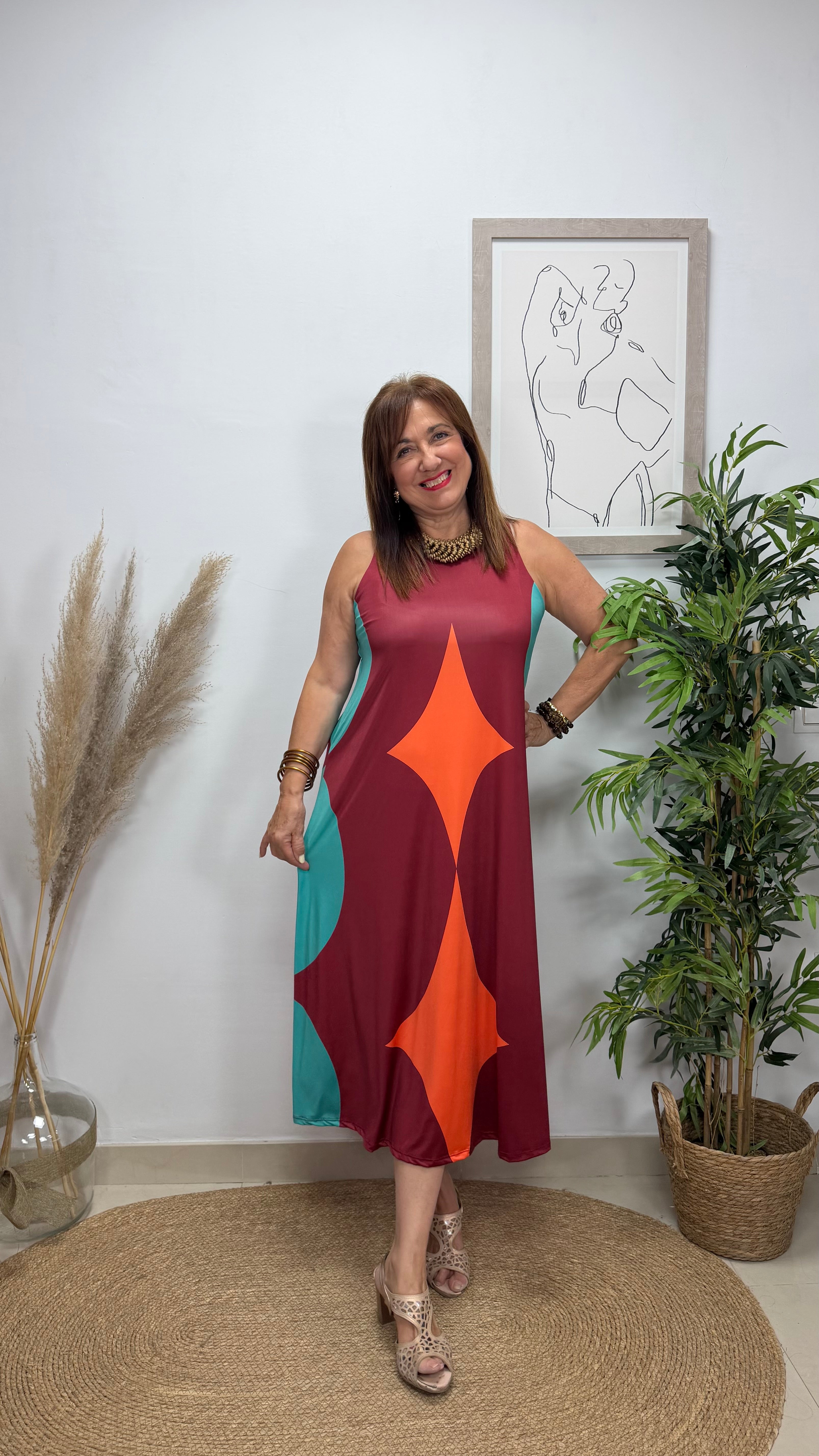Vestido Pocker Burdeos-Aguamarina